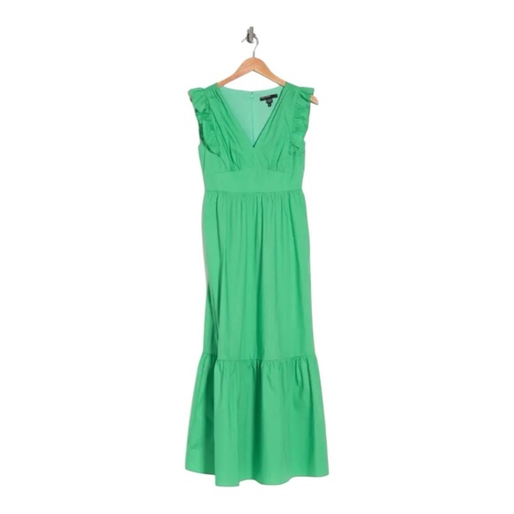 Maggy London V-Neck Sleeveless Ruffle Front Tiered Maxi Dress in Katydid Green - Picture 1 of 12